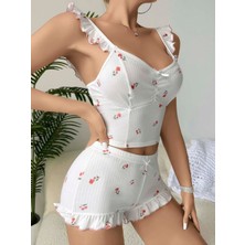 Azrlya Kadın Gül ve Kiraz Desenli Şortlu Gecelik Takım 5112