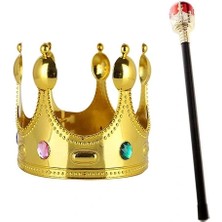 K-Yonlineticaret Çocuk Boy Altın Renk Kral Tacı ve Kırmızı Topuzlu Kral Asası
