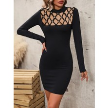 Etiler Collection Kadın Uzun Kollu Bisiklet Yaka Lazer Kesim Inci Detay Viskon Iki Iplik Mini Boy Elbise