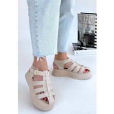 DMR Elegance Toten Bej Cilt Kemerli Sandalet