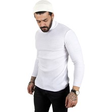 Rizzup Erkek Beyaz Yarım Balıkçı Yaka Çizgi Desenli Kazak Basic Düz Triko 2100015