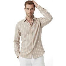Rizzup Erkek Bej Slim Fit Dar Kesim Çizgili Uzun Kollu Gömlek 2501309