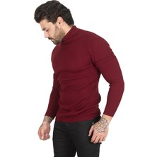 Rizzup Erkek Bordo Yarım Balıkçı Yaka Çizgi Desenli Kazak Basic Düz Triko 2100015