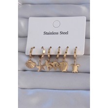 Solenya 316L Çelik Gold Renk Zirkon Taşlı Hayvan Figürlü Deniz Yıldızı Model Halka Küpe Seti