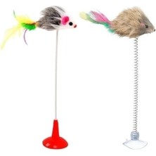 K-Yonlineticaret 2li Vantuzlu Fareli Tüylü Hareketli Çanlı ve Esneyen Eğlenceli Peluş Kedi Oyuncağı