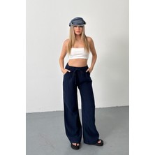 Jee Lee Kadın Beli Ayarlanabilir Çift Cepli Bol Paça Pantolon Lacivert - 26Y 4010