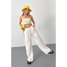 Jee Lee Kadın Beli Ayarlanabilir Çift Cepli Bol Paça Pantolon Beyaz - 26Y 4010