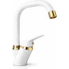 Beyaz Gold Banyo Lavabo Bataryası Musluğu Köşe Borulu