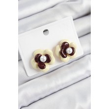 K-Yonlineticaret Inci Detaylı Krem Kahverengi Renk Papatya Model Kadın Küpe