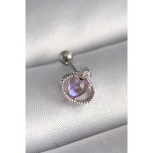 K-Yonlineticaret 316L Çelik Gümüş Renk Mor Mineli Kalp Zirkon Taş Detay Tragus Piercing