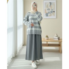 Moda Morfo Yuvarlak Yaka Çizgili Yumoş Triko Kazak -Gri