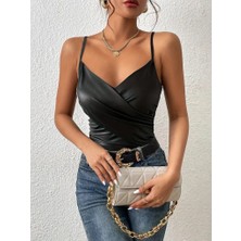 Serac Collection Kadın Ip Askılı Geniş V Yakalı Deri Bluz