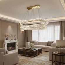 Elizim Home Lighting Kristal Elips 2 Katlı Gold Ledli Avize