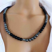 Mga Doğaltaş Parlak Oniks Kolye 8 mm – Siyah Doğal Taş Kolye – Hematit Taşlı – Hakiki Sertifikalı – A+ Kalite