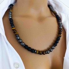 Mga Doğaltaş Lav Taşı Bazalt Taşı & Kaplan Gözü Kolye 8 mm – Hakiki Doğal Taş – Erkek Doğal Taş Kolye – A+ Kalite – Sertifikalı