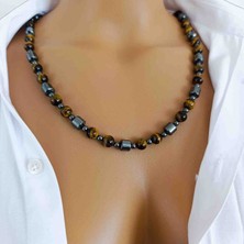 Mga Doğaltaş Kaplan Gözü Kolye 8 mm – Hematit Taşlı – Hakiki Doğal Taş – Erkek Doğal Taş Kolye – A+ Kalite