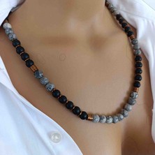 Mga Doğaltaş Gri Jasper & Mat Oniks Kolye 8 mm – Hakiki Doğal Taş – Hematit Taşlı – Erkek Doğal Taş Kolye – A+ Kalite