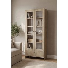 Lefkas Meşe Cam Kapaklı Modern Vitrin Dolap – Çekmeceli Çok Amaçlı Raflı Kitaplık