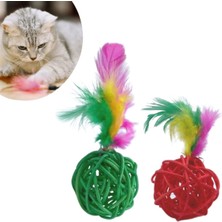 Cey® 2li Rattan Renkli Peluş Tüy Kedi Köpek Oyuncak Yakalama Çiğneme Çıngıraklı Top Oyuncağı