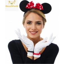 Belle Fusion Mey Ithalat® Kırmızı Fiyonklu Minnie Mouse Tacı ve Beyaz Eldiven Seti
