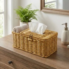 Mey İthalat Mey Ithalat®  Bölmeli Kapaklı Doğal Rattan Görünümlü Hasır Makyaj, Takı ve Havlu Düzenleyici – Peçetelikli Çok Amaçlı Masaüstü Organizer Sepet