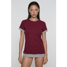 Madmext Bordo Bisiklet Yaka Çift Renkli Basic Tişört MG2682