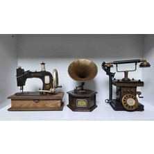 R&G Hediyelik 3 Lü Set Dekoratif Metal Telefon, Dekoratif Metal Gramofon,dekoratif Metal & Tahta Dikiş Makinesi