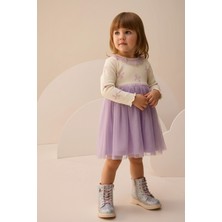 Minipodyum Fiyonk Baskılı Yaka Detaylı Tüllü Kız Çocuk Elbise