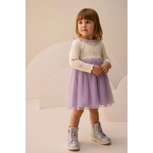 Fiyonk Baskılı Yaka Detaylı Tüllü Kız Çocuk Elbise