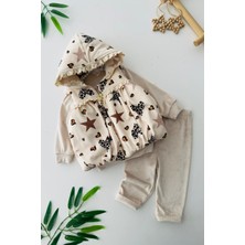 Miniğimin Cicileri Kadife Yelekli Yıldız Kalp Desenli Kız Bebek 3 lü takım - Krem