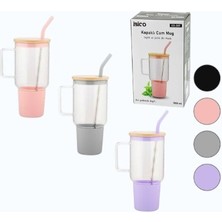 İbico Ibico Safirs Bambu Kapaklı Çelik Pipetli Renkli Big Mug Büyük  Boy Cam Kupa Bardak Cam Termos 1lt