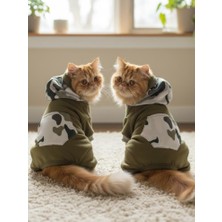 Kemique Kamuflaj Desenli Kedi Tulumu | Kapüşonlu | Pamuklu Polar Kumaş | Haki Yeşil