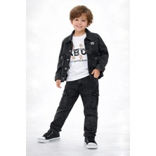 Bubiee Baby Erkek Çocuk Füme Denim Ceketli 3'lü Takım Ayıcık Baskılı Kargo Cepli Alt Üst Set