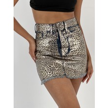 Miss Poem Kadın Önü Leopar Desenli Denim Mavi Kot Etek