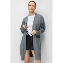 Mixray 7026 Kadın Basic Cepli Triko Hırka Antrasit