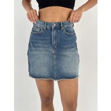 Miss Poem Kadın Yanları Taş Detaylı Mavi Denim Kot Etek