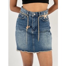 Miss Poem Kadın Kemer Zincir Aksesuar Detaylı Denim Kot Etek