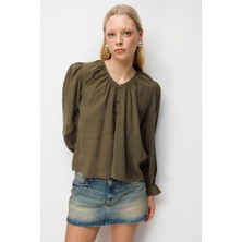 Mixray 4802 Kadın Modal Düğmeli Bluz Haki