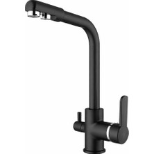 Delen Yapı Mat Siyah 3 Yollu Mutfak Bataryası Arıtma Çıkışlı Yüksek C Borulu Evye Musluğu