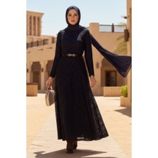 İlkimay.com Dantel Içi Astarlı Kemerli Elbise 1685 - Lacivert