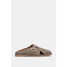 Selin Shoes Liorix Hakiki Deri Asimetrik Kesim Gold Ayarlanabilir Toka Detaylı Kadın Terlik- Vizon Süet