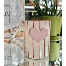 Nof El Yapımı Seramik Pembe Kalp Çizgili Kupa