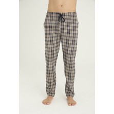 Kly Ekose Ince Tek Alt Rahat Pamuk Penye Pijama - Bej Eşofman Altı