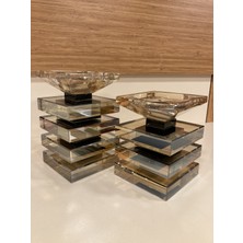 Mumluk 2'li Şamdan Kristal Kare Model El Işçilikli Renk Bal Siyah Yükseklik 15 ve 12 cm Çapı 9x9 cm