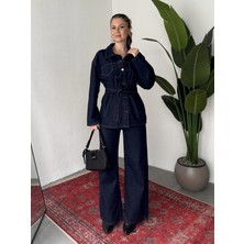 Asfa Moda Kadın Lacivert Viral Kot Takım Oversize Gömlek Wide Leg Pantolon Kemerli Jean Ikili Set