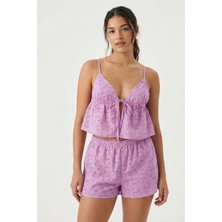 Laperissa Kadın Lila Astarlı Kendinden Desenli Dokuma Şortlu Pijama Takımı