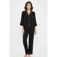 Laperissa Siyah Şık Biyeli Düğmeli Viskon Pijama Takımı