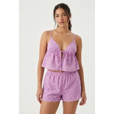 Laperissa Kadın Lila Astarlı Kendinden Desenli Dokuma Şortlu Pijama Takımı