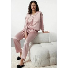 Laperissa Pudra Renk Bağcıklı Saten Dokuma Pijama Takımı