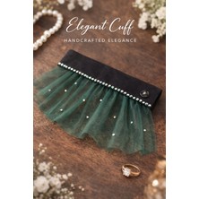 Asmin Tasarım Kol Manşeti, Yeşil Tül, Inci Detaylı, Vintage, Aksesuar, El Emeği